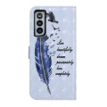 For Samsung Galaxy S21 5G Oil Embossed 3D Drawing Leather Phone Case(Blue Feather)