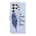 For Samsung Galaxy S21 Ultra 5G Oil Embossed 3D Drawing Leather Phone Case(Blue Feather)