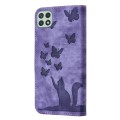 For Samsung Galaxy A22 5G Butterfly Cat Embossing Flip Leather Phone Case(Purple)