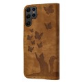For Samsung Galaxy S22 Ultra 5G Butterfly Cat Embossing Flip Leather Phone Case(Brown)