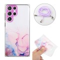 For Samsung Galaxy S24 Ultra 5G Hollow Marble Pattern TPU Shockproof Phone Case with Rope(Pink)