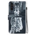 For Samsung Galaxy A13 5G Crystal Texture Colored Drawing Leather Phone Case(Cat Tiger Reflection)