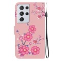 For Samsung Galaxy S21 Ultra 5G Crystal Texture Colored Drawing Leather Phone Case(Cherry Blossoms)