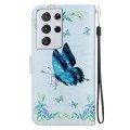 For Samsung Galaxy S21 Ultra 5G Crystal Texture Colored Drawing Leather Phone Case(Blue Pansies)