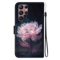 For Samsung Galaxy S22 Ultra 5G Crystal Texture Colored Drawing Leather Phone Case(Purple Peony)