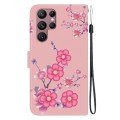 For Samsung Galaxy S22 Ultra 5G Crystal Texture Colored Drawing Leather Phone Case(Cherry Blossoms)