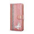 For iPhone 15 Plus Glitter Powder Butterfly Leather Phone Case(Rose Gold)