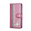 For iPhone 15 Plus Glitter Powder Butterfly Leather Phone Case(Rose Red)