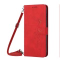 For Samsung Galaxy A05s Skin Feel Heart Embossed Leather Phone Case with Long Lanyard(Red)