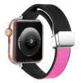 For Apple Watch SE 44mm Magnetic Folding Leather Silicone Watch Band(Black Rose Red)