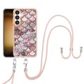For Samsung Galaxy S24+ 5G Electroplating Pattern IMD TPU Shockproof Case with Neck Lanyard(Pink Sca