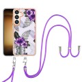 For Samsung Galaxy S24 5G Electroplating Pattern IMD TPU Shockproof Case with Neck Lanyard(Purple Fl