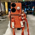 For Huawei P50 Pocket Impression Camellia Pattern Protective Phone Case with Long Lanyard(Orange)