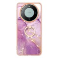 For Huawei Mate 60 Electroplating Marble IMD TPU Phone Case with Ring Holder(Purple 001)