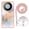 For Huawei Mate 60 Electroplating IMD TPU Phone Case with Lanyard(White Marble)