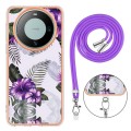For Huawei Mate 60 Electroplating IMD TPU Phone Case with Lanyard(Purple Flower)