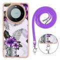For Huawei Mate 60 Pro Electroplating IMD TPU Phone Case with Lanyard(Purple Flower)