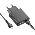 Hoco N38 Delgado PD20W + QC3.0 Dual Port Charger Set with Type-C to 8 Pin Cable, EU Plug(Black)