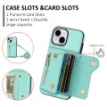 For iPhone 14 Plus / 15 Plus DF-09 Crossbody Litchi texture Card Bag Design PU Phone Case(Cyan)