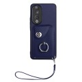 For Honor 90 Organ Card Bag Ring Holder PU Phone Case with Lanyard(Blue)