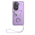 For OPPO Reno11 Global Organ Card Bag Ring Holder PU Phone Case with Lanyard(Purple)