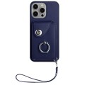 For iPhone 15 Pro Max Organ Card Bag Ring Holder PU Phone Case with Lanyard(Blue)