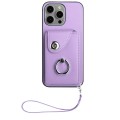 For iPhone 15 Pro Organ Card Bag Ring Holder PU Phone Case with Lanyard(Purple)