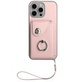 For iPhone 15 Pro Organ Card Bag Ring Holder PU Phone Case with Lanyard(Pink)