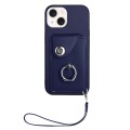 For iPhone 15 Plus Organ Card Bag Ring Holder PU Phone Case with Lanyard(Blue)