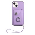 For iPhone 15 Plus Organ Card Bag Ring Holder PU Phone Case with Lanyard(Purple)