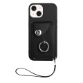 For iPhone 15 Plus Organ Card Bag Ring Holder PU Phone Case with Lanyard(Black)