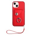 For iPhone 15 Plus Organ Card Bag Ring Holder PU Phone Case with Lanyard(Red)