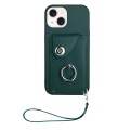 For iPhone 15 Plus Organ Card Bag Ring Holder PU Phone Case with Lanyard(Green)