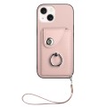 For iPhone 14 Plus Organ Card Bag Ring Holder PU Phone Case with Lanyard(Pink)