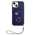 For iPhone 14 Organ Card Bag Ring Holder PU Phone Case with Lanyard(Blue)