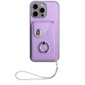 For iPhone 14 Pro Organ Card Bag Ring Holder PU Phone Case with Lanyard(Purple)