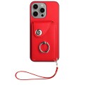 For iPhone 14 Pro Organ Card Bag Ring Holder PU Phone Case with Lanyard(Red)