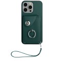 For iPhone 14 Pro Organ Card Bag Ring Holder PU Phone Case with Lanyard(Green)