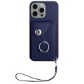 For iPhone 14 Pro Max Organ Card Bag Ring Holder PU Phone Case with Lanyard(Blue)