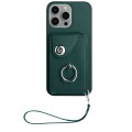 For iPhone 14 Pro Max Organ Card Bag Ring Holder PU Phone Case with Lanyard(Green)