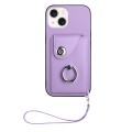 For iPhone 13 Organ Card Bag Ring Holder PU Phone Case with Lanyard(Purple)