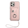 For iPhone 12 Organ Card Bag Ring Holder PU Phone Case with Lanyard(Pink)