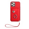 For iPhone 12 Organ Card Bag Ring Holder PU Phone Case with Lanyard(Red)