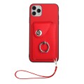 For iPhone 11 Pro Max Organ Card Bag Ring Holder PU Phone Case with Lanyard(Red)