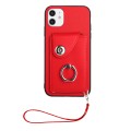 For iPhone 11 Organ Card Bag Ring Holder PU Phone Case with Lanyard(Red)