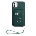 For iPhone 11 Organ Card Bag Ring Holder PU Phone Case with Lanyard(Green)
