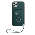 For iPhone 11 Pro Organ Card Bag Ring Holder PU Phone Case with Lanyard(Green)