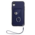 For iPhone XR Organ Card Bag Ring Holder PU Phone Case with Lanyard(Blue)