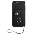 For iPhone 8 Plus / 7 Plus Organ Card Bag Ring Holder PU Phone Case with Lanyard(Black)