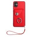 For Samsung Galaxy A04e 4G/M04 4G/F04 4G Organ Card Bag Ring Holder PU Phone Case with Lanyard(Red)